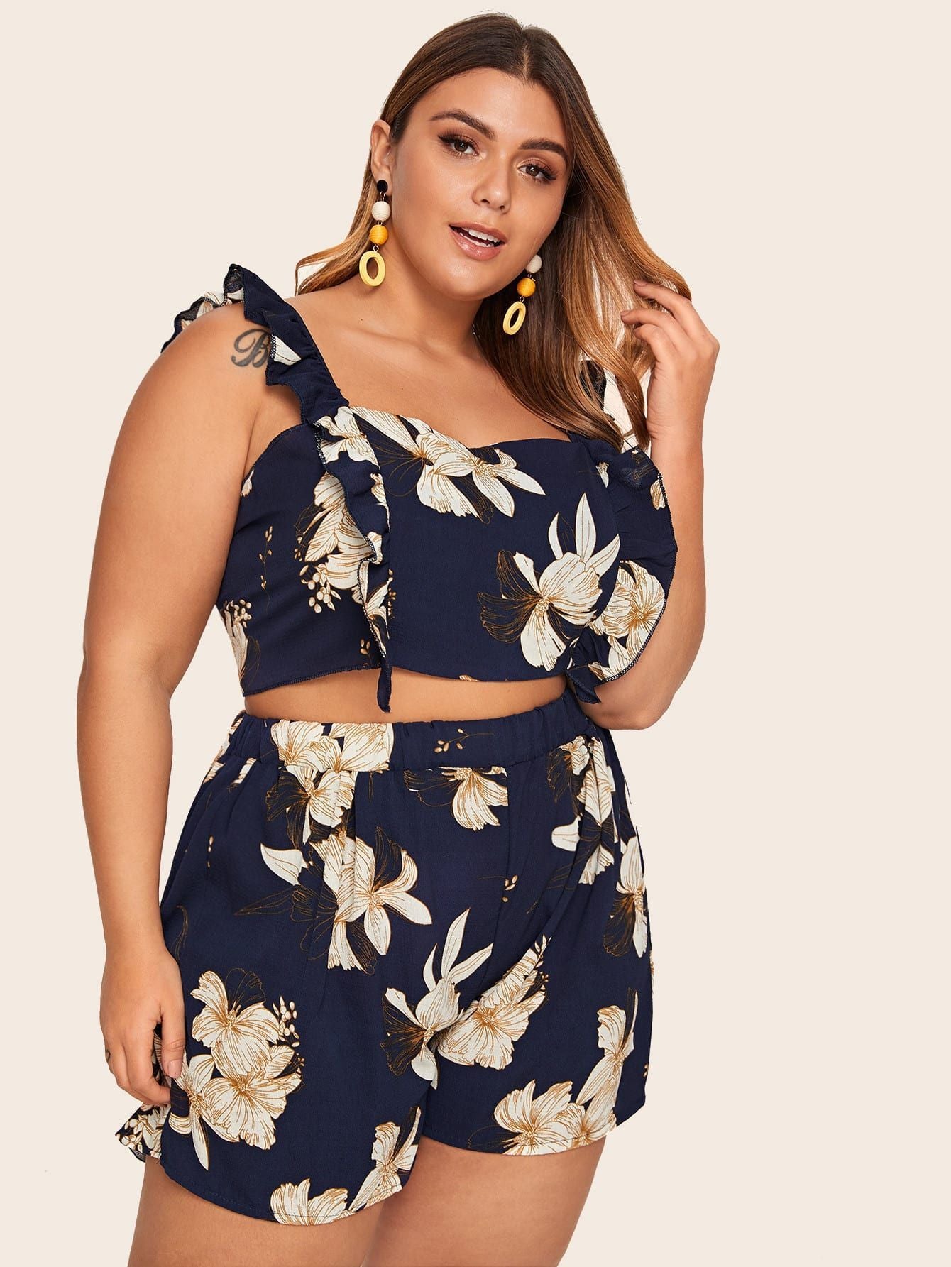 Navy Blue Flower Print Printed Crop Tank Top + Shorts 2-Piece Set to 4X Plus Size