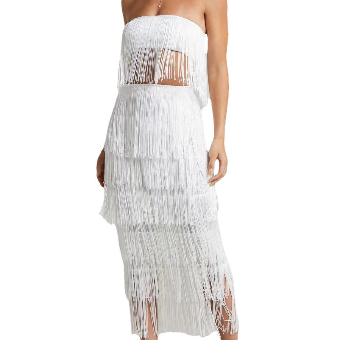 Hanging Tassel Fringe Sleeveless Tube Top + Maxi Skirt Women's 2-Piece Set