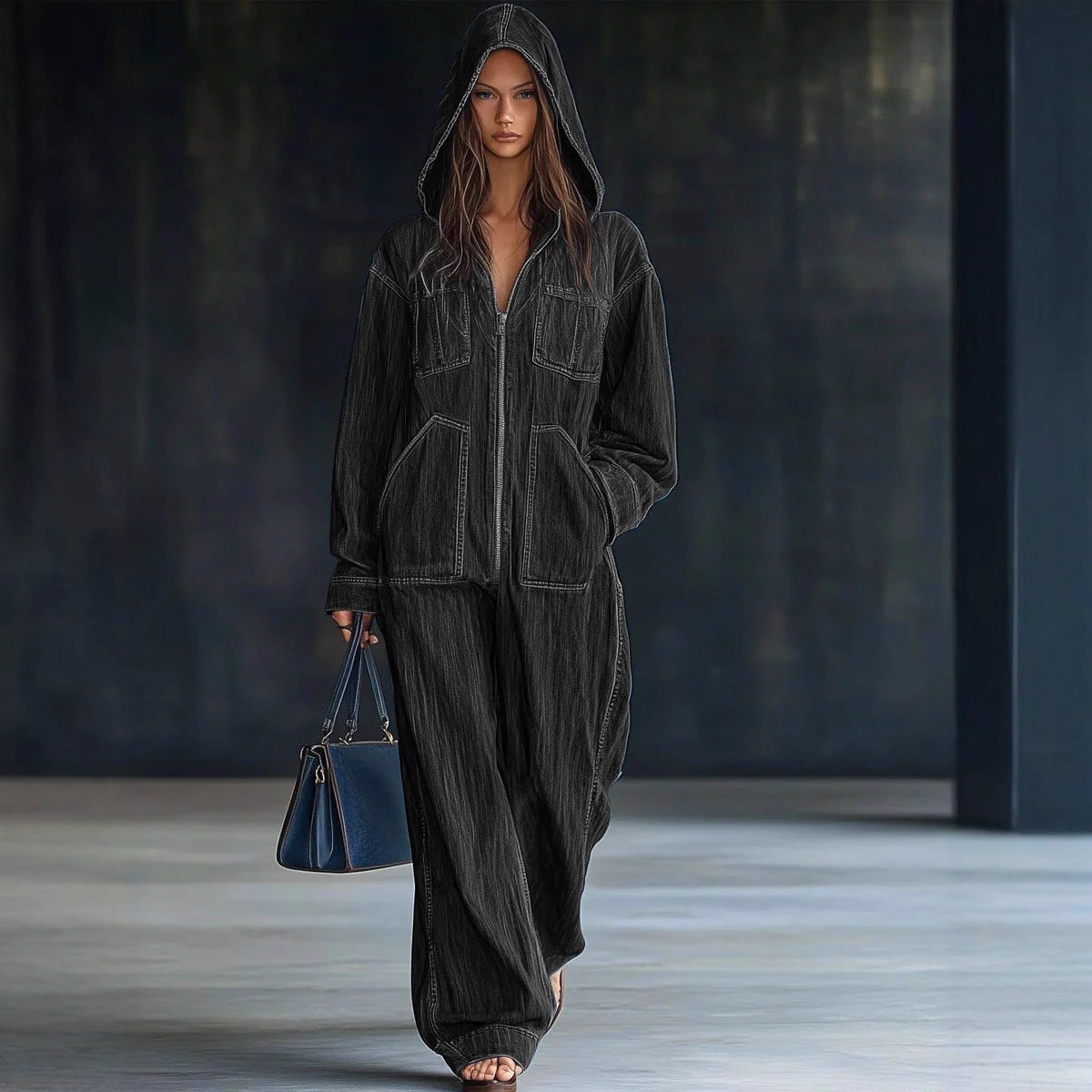Denim Blue/Black Baggy Long Sleeve Oversized Women's Zipper Front Overall Hoodie Jeans Jumpsuit