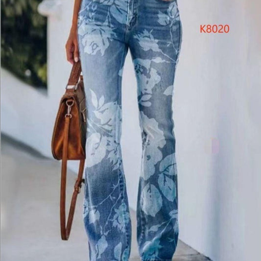 Denim Blue/White Flower Print Women's Jeans to 5X Plus Size