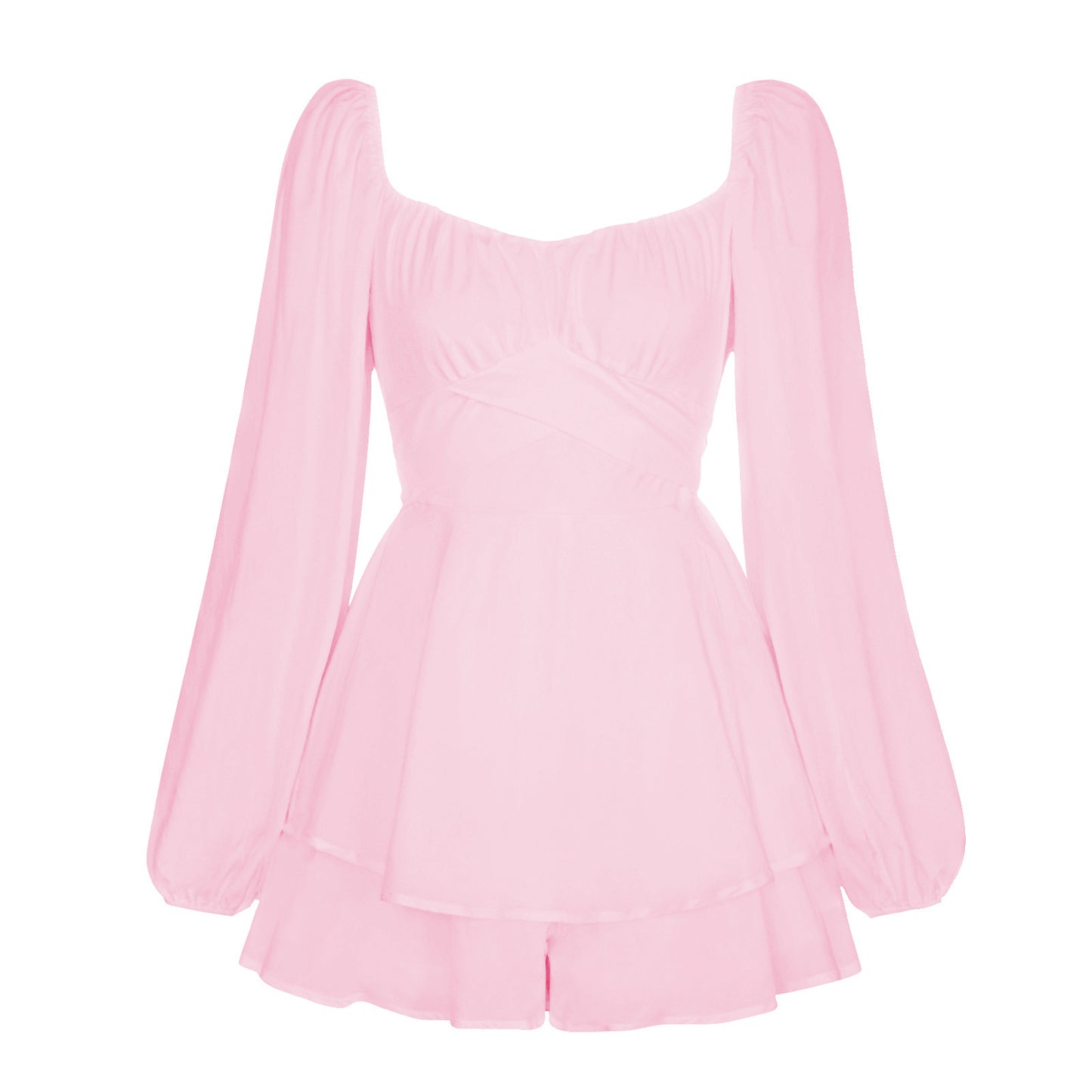 Ruffled V-Neck Women's Long Puff Sleeve Shorts Romper