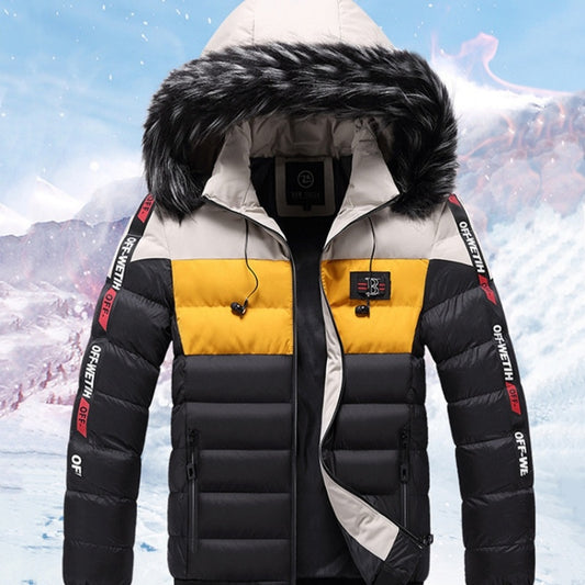 Men's Ribbed Colorblock Furry Hooded Down Puffer Ski Jacket