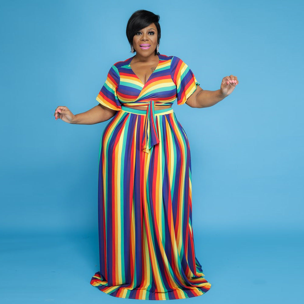 Rainbow Striped Lace-Up Women's Short Sleeve Crop Top + Maxi Skirt Skirt 2-Piece Set to 5X Plus Size