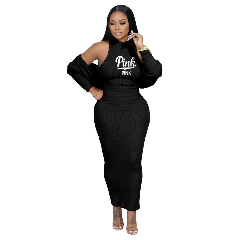 "Pink" Ribbed Knitted Women's Cardigan + Sleeveless Maxi Dress 2-Piece Set