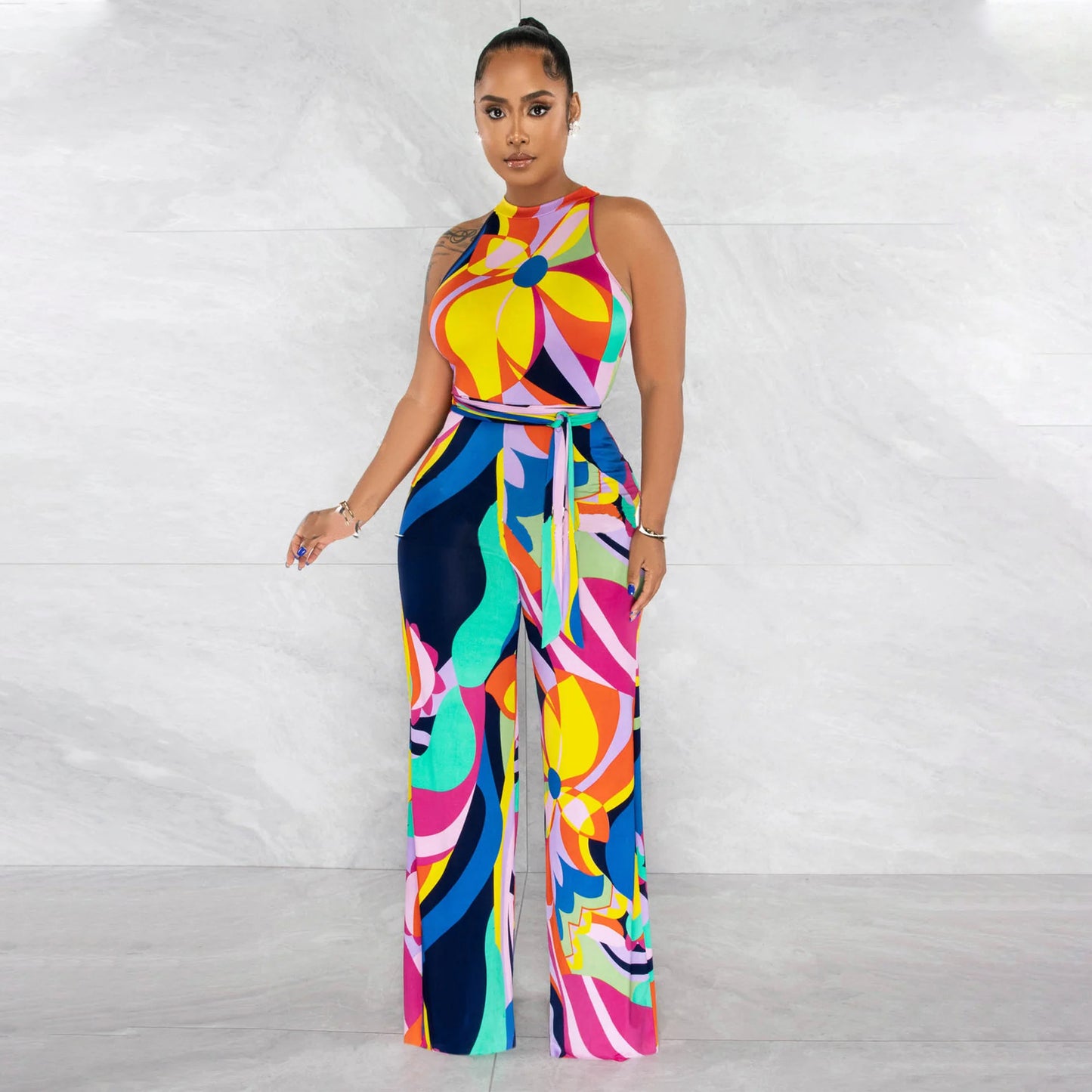 Tropical Floral Printed Halter Neck Sleeveless Sash Belted Jumpsuit