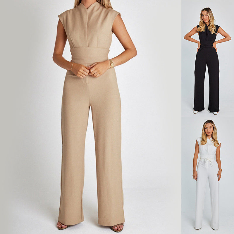 Sleeveless Micro V-Neck Sash Belt Detail Solid Color Wide Leg Jumpsuit to 5X Plus Size