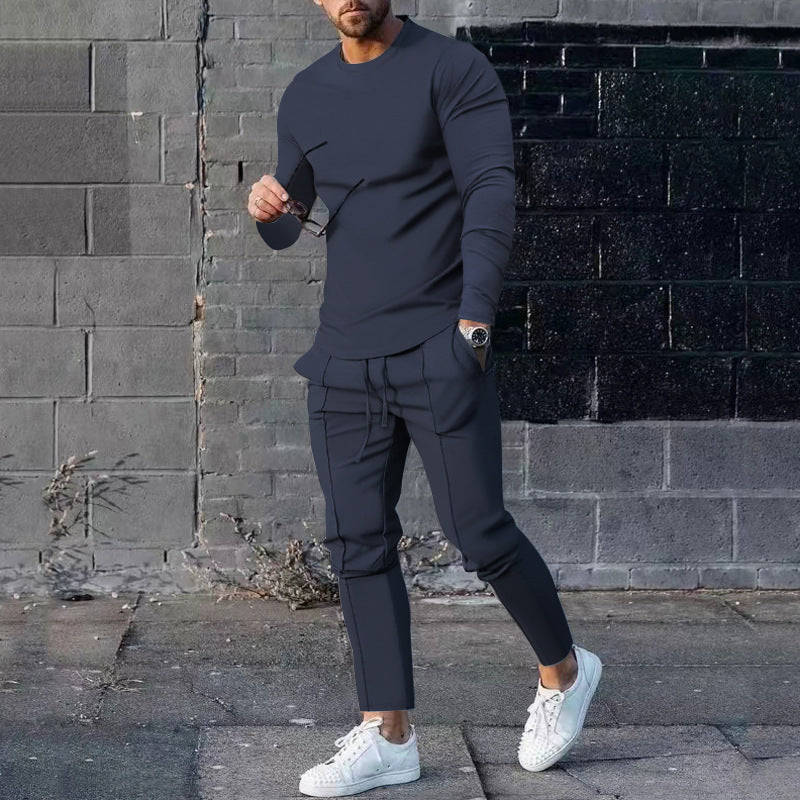 Men's Solid Color 3D Digital Print Long Sleeve O-Neck T-Shirt + Drawstring Pocketed Sweatpants 2-Piece Set