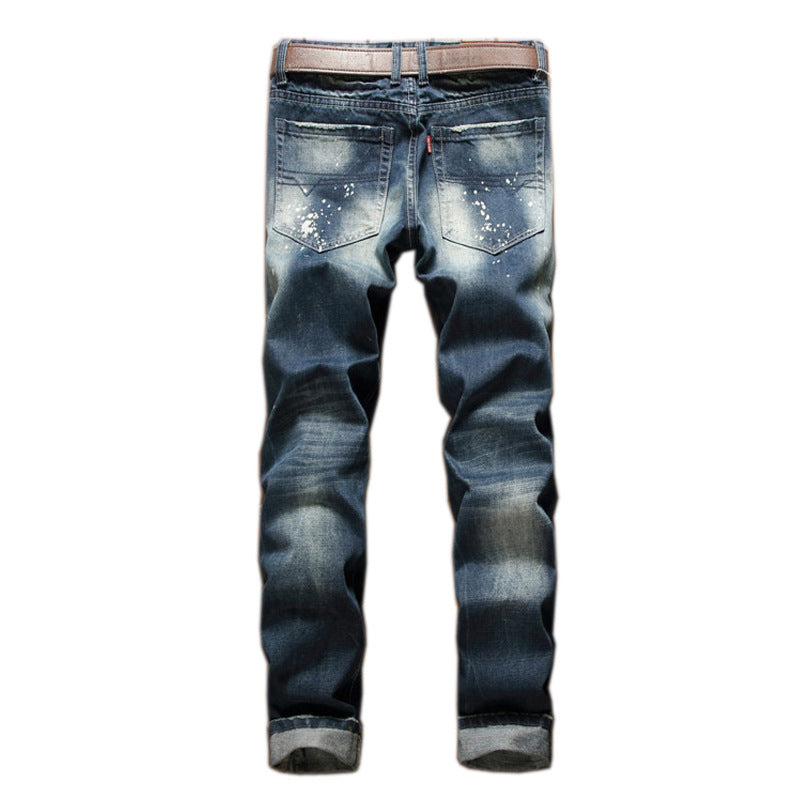 Men's Denim Patchwork Splash Ink Design Hip-Hop Ripped Skinny Jeans