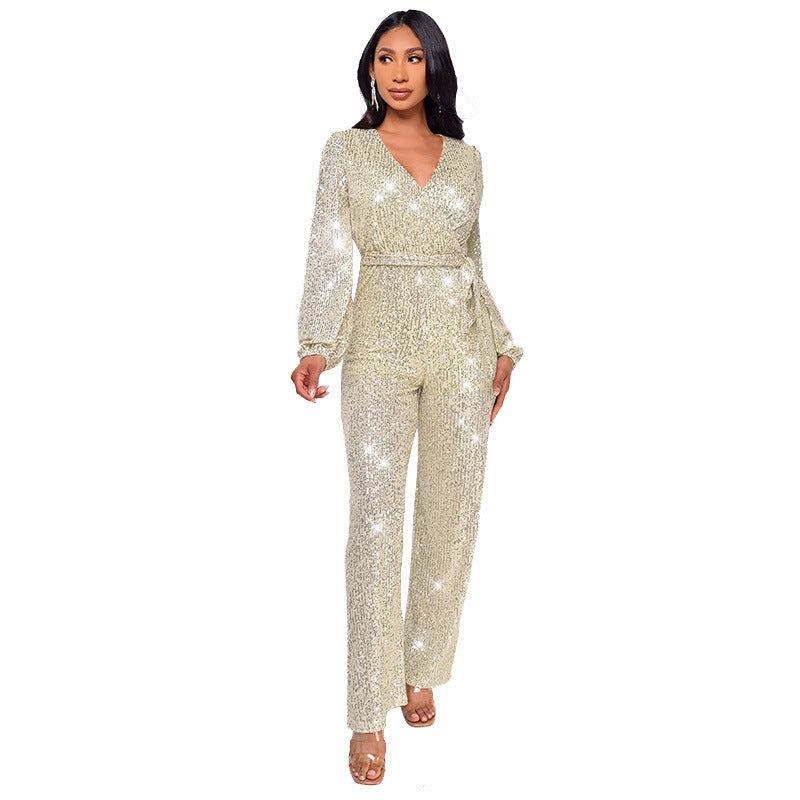 Sparkling Sequin Sash Belt Design V-Neck Long Sleeve High Waist Women's Formal Wide Leg Jumpsuit to 3X Plus Size