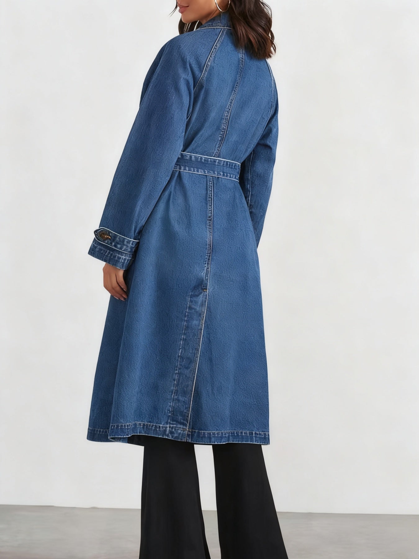 Denim Button Front Double Breasted Women's Long Sleeve Lace-Up Windbreaker Jean Trenchcoat
