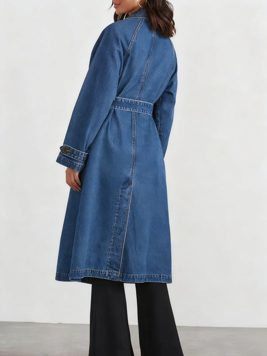 Denim Button Front Double Breasted Women's Long Sleeve Lace-Up Windbreaker Jean Trenchcoat