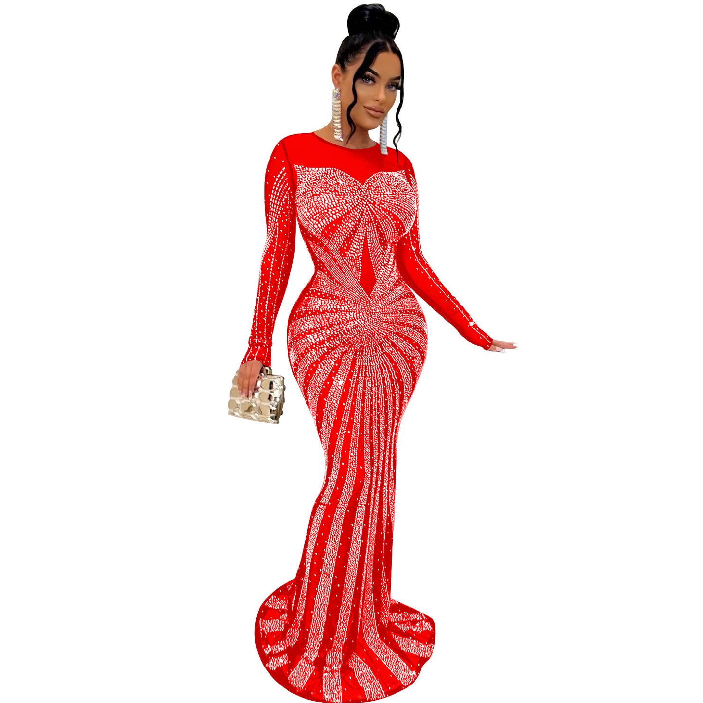 Metallic Hot Drill Rhinestone Sparkling Glitter Transparent Mesh Sheer Long Sleeve Formal Floor-Length Dress