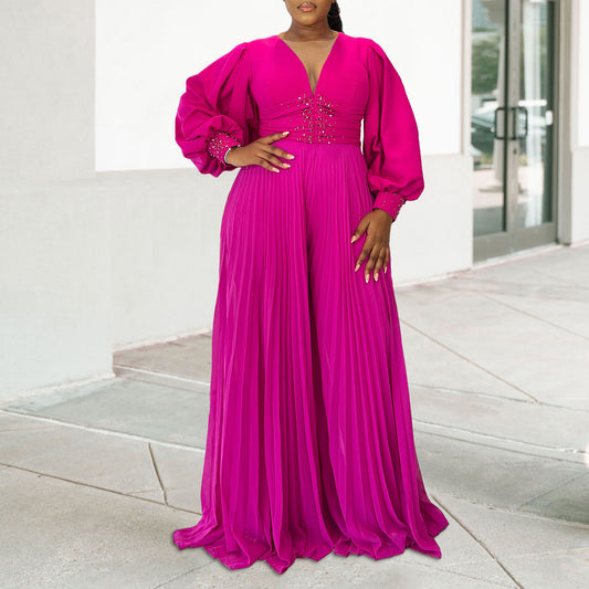 Women's Wide-leg Pleated African Jumpsuit Slightly Elastic