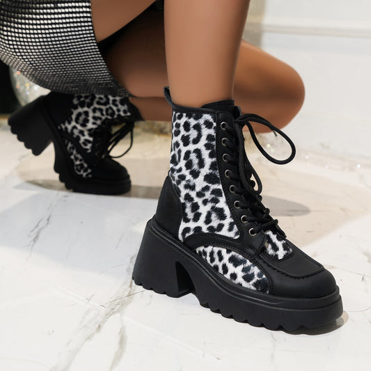 Leopard Print Chunky Heel Lace-Up Platform Women's Ankle Boots