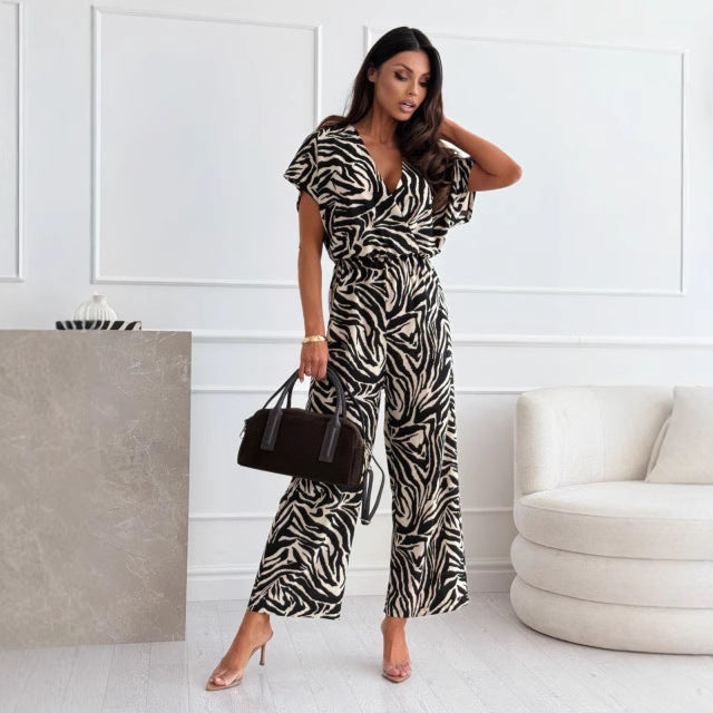 Leopard/Zebra Print Deep V-Neck Short Flounce Sleeve Women's Wide Leg Jumpsuit