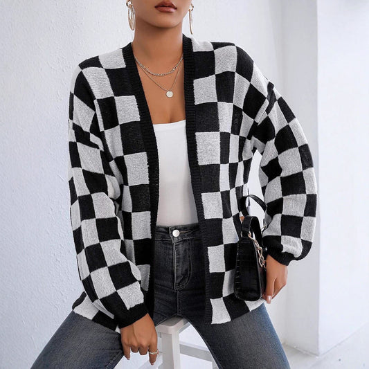 Wool Checker Plaid Print Women's Open Cardigan Sweater