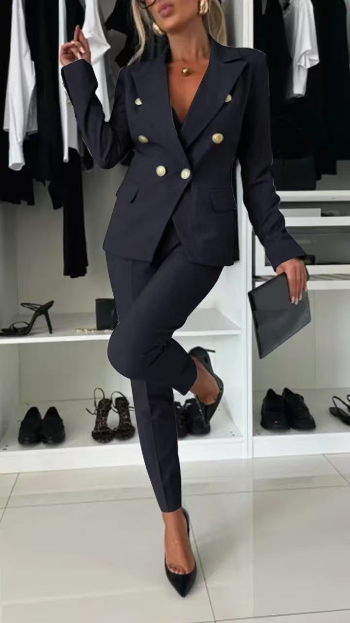 Double Breasted Button-Up Women's Blazer Jacket + Skinny Trouser Pants Women's Office Business Suit