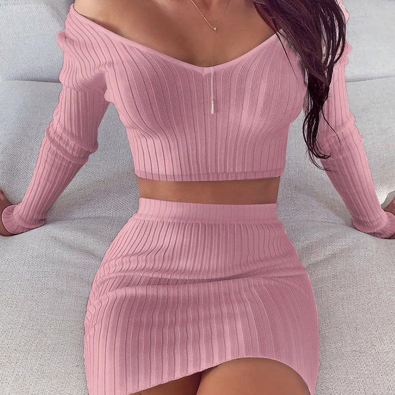 Ribbed Zipper Front  Off-the-Shoulder Women's Long Sleeve Solid Color Crop Sweater + Striped/Solid Mini Skirt Knitted 2-Piece Set
