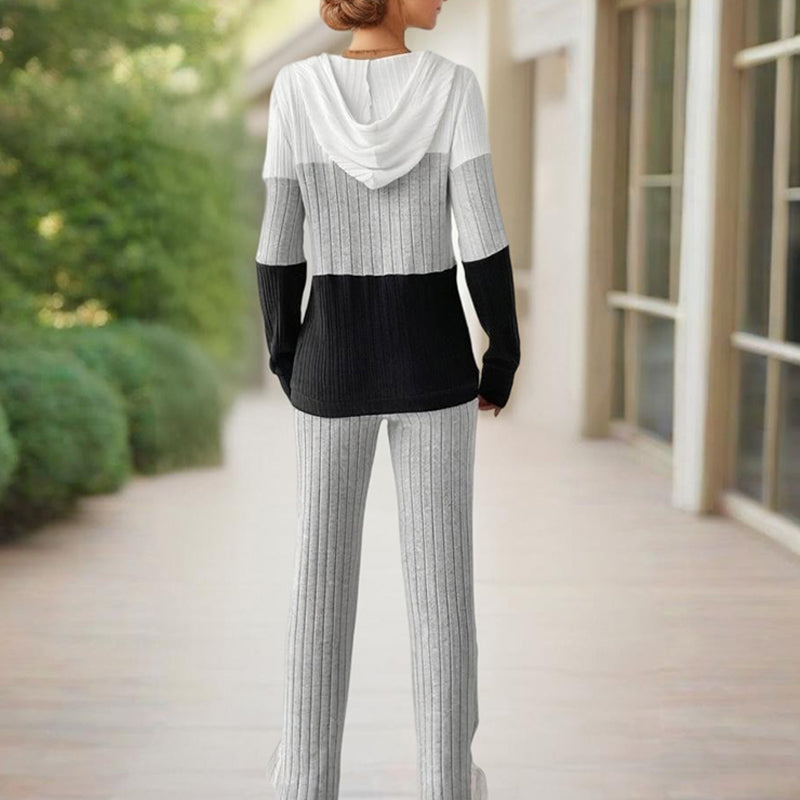 Knitted Ribbed Drawstring Striped Colorblock Long Sleeve Zipper Hoodie Sweatshirt + Wide Leg Sweatpants Women's Tracksuit