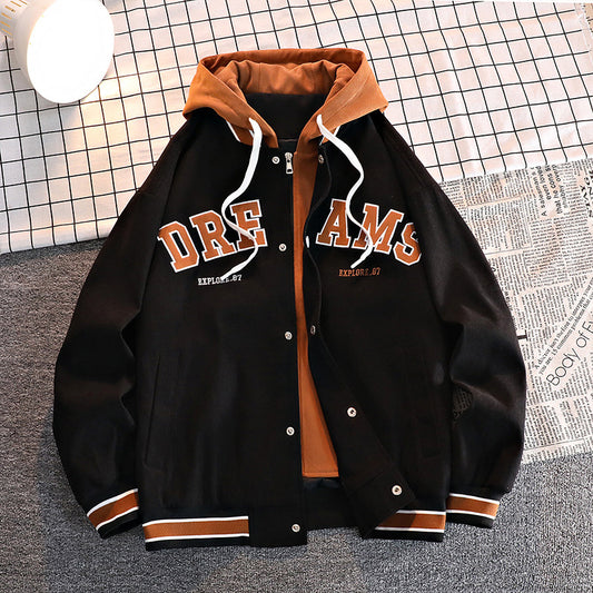 Men's Drawstring "DREAMS" Colorblock Print Button-Up Hip-Hop Hoodie Jacket