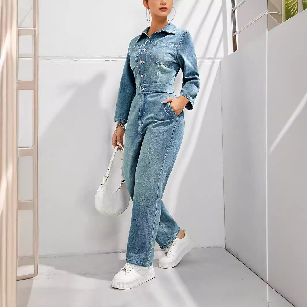 Denim Blue Washed Button-Up Women's Skinny Long Sleeve Turn-Down Collar Overall Jean Jumpsuit