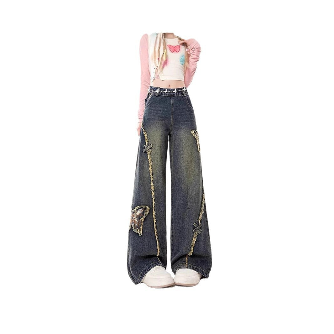 Vintage Faded Denim Butterfly Patch Design Raw Edge Women's Wide Leg Jeans
