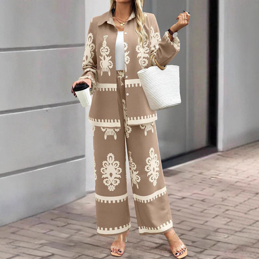 Baroque Embroidered Print Loose Blouse + Pants Women's 2-Piece Set