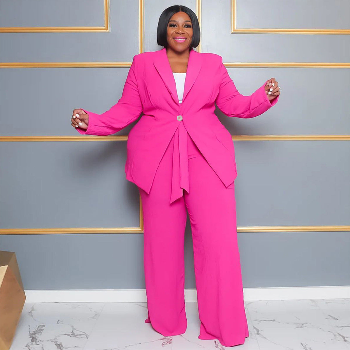 Bright Pastel Solid Color Women's Single Breasted Blazer Jacket+ Wide Leg Long Pants Business Suit to 4X Plus Size