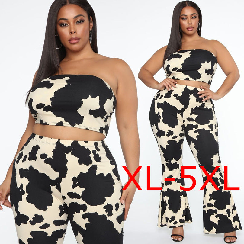Black/Off-White Cowhide Pattern Sleeveless Tube Top + Flared Leggings 2-Piece Set to 5X Plus Size