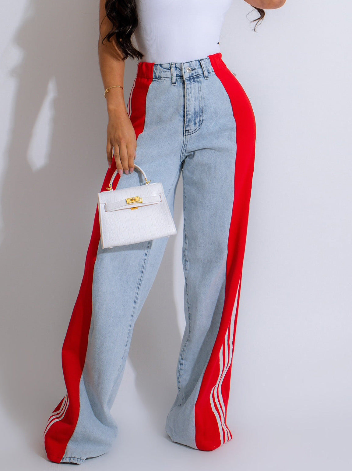 Side Striped Colorblock Denim Patchwork Wide Leg Streetwear Jeans