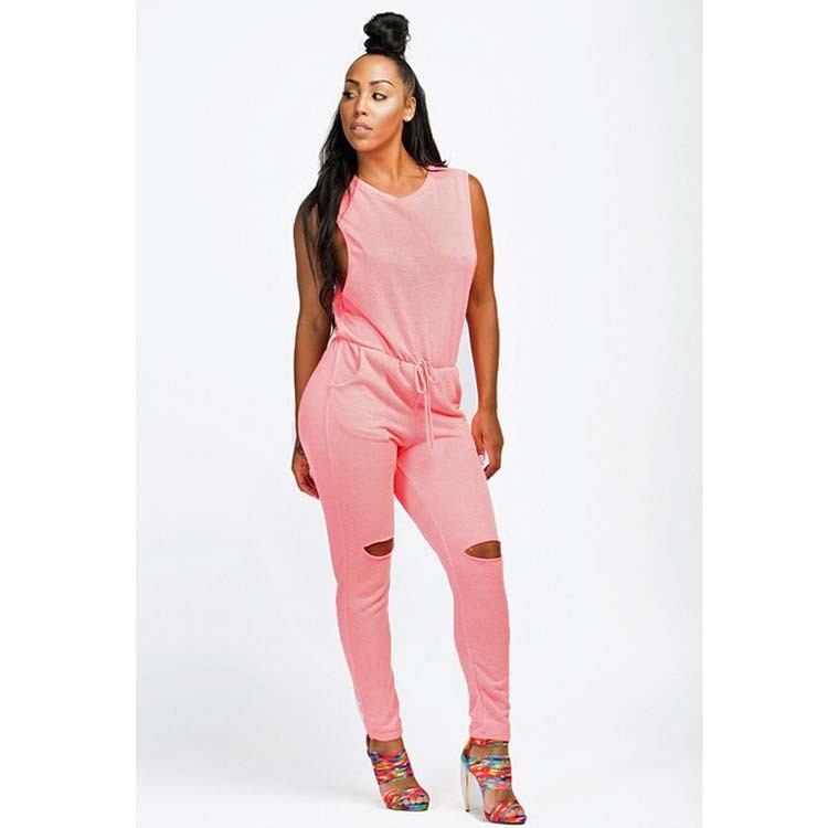Ripped Knee O-Neck Sleeveless Women's Zipper Back Solid Color Drawstring Skinny Jumpsuit