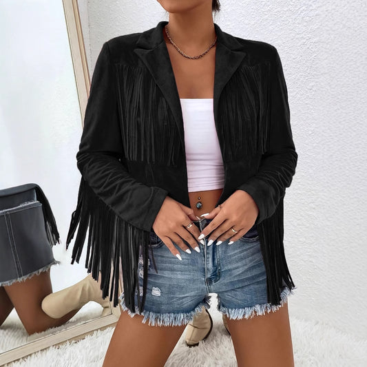 Tassels Fringe Western Women's V-Neck Long Sleeve Solid Color Loose Jacket