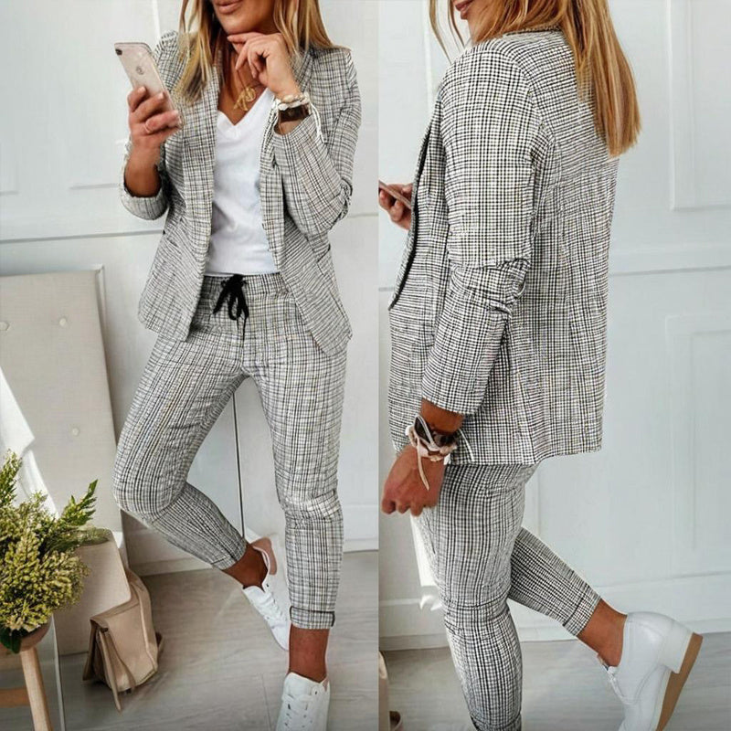 Plaid Single Breasted Blazer Jacket & Drawstring Women's Pants Business Casual Suit