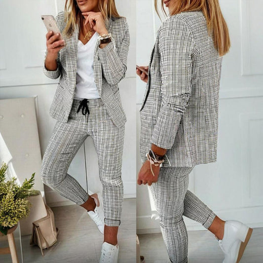 Plaid Single Breasted Blazer Jacket & Drawstring Women's Pants Business Casual Suit