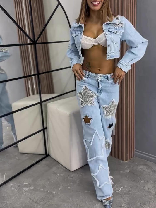 Denim Embellished Star Tassel Fringe Pattern Light Blue Diamond Patchwork Long Sleeve Crop Jean Jacket + Streetwear Jeans Women's 2-Piece Set