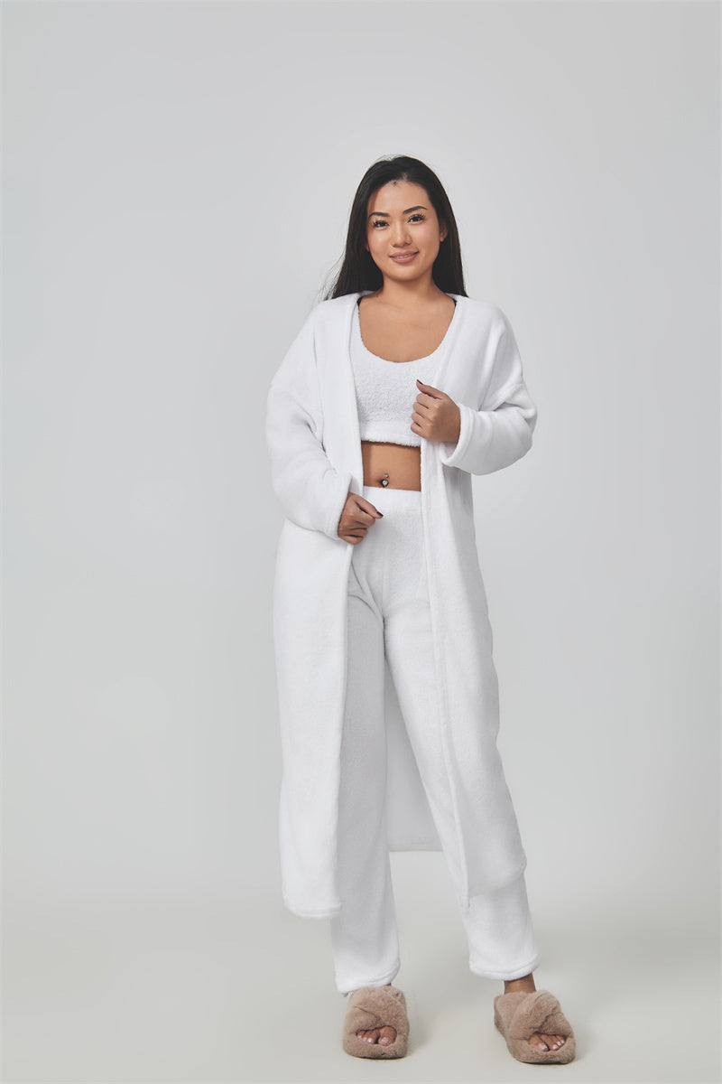 Women's 3-Piece Pajamas Sleepwear Set: Open Solid Color Maxi Cardigan Robe, Sleeveless Cami Top + Leggings