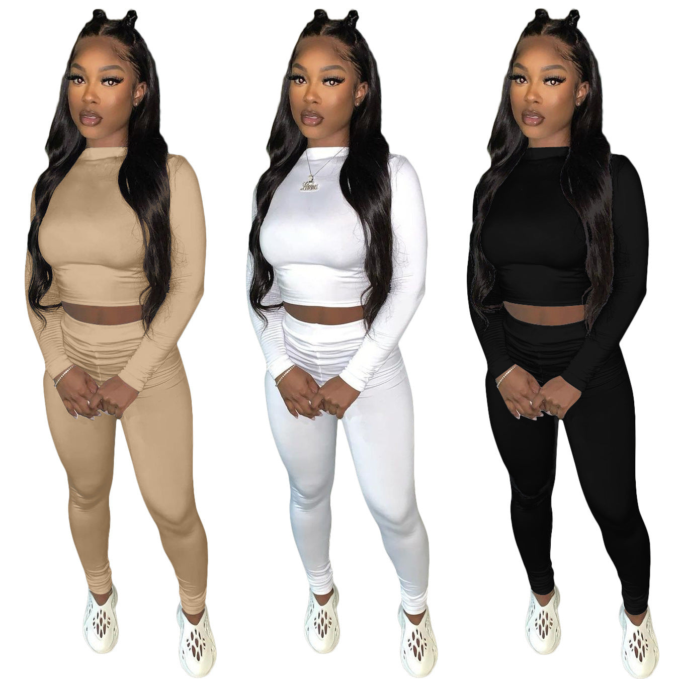 Long Sleeve Solid Color Women's Crop Top + Ruched Skin Tight Leggings 2-Piece Fitness Tracksuit