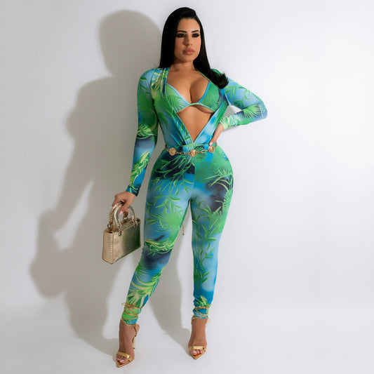 Turquoise/Green Printed Bikini Top + Deep V-Neck Long Sleeve Bodysuit + Skin Tight Leggings 3-Piece Set