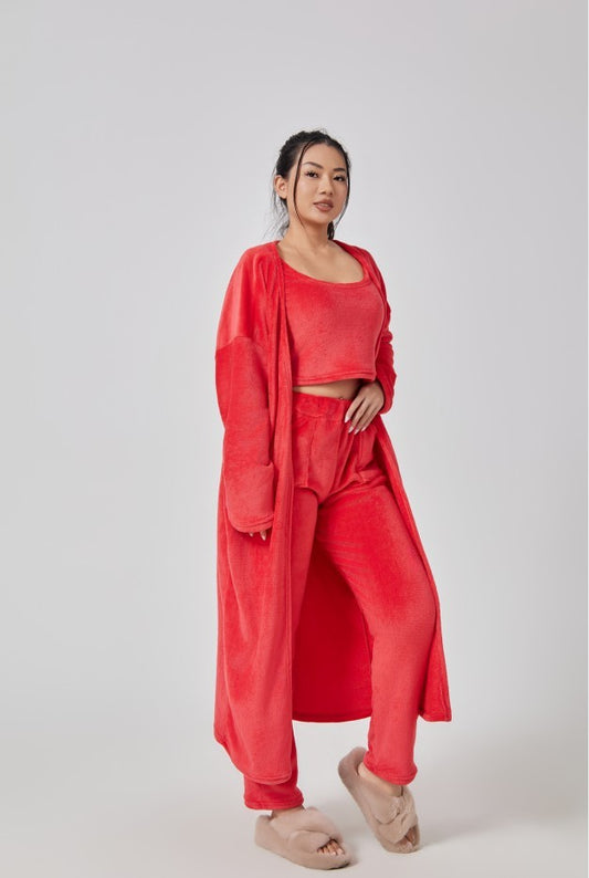 Women's 3-Piece Pajamas Sleepwear Set: Open Solid Color Maxi Cardigan Robe, Sleeveless Cami Top + Leggings