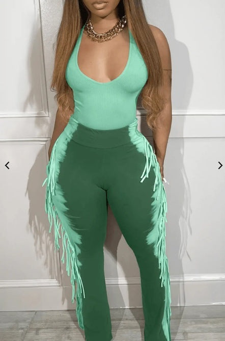 Side Tassel Fringe Design Sleeveless Women's V-Neck Skinny Jumpsuit