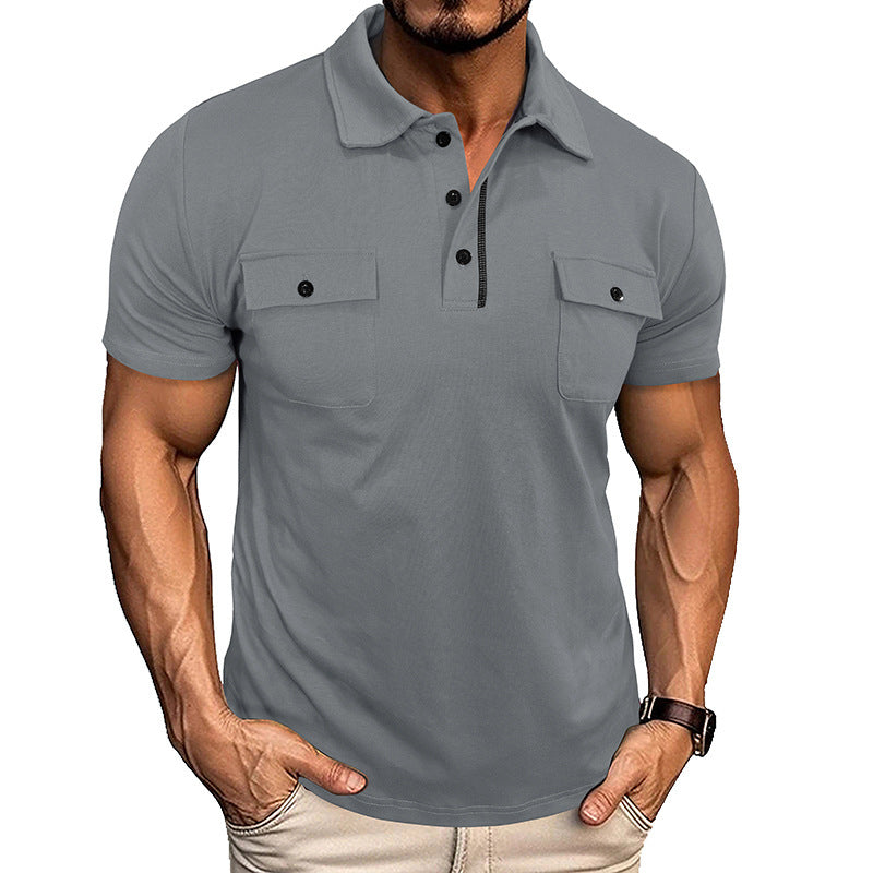 Men's Double Pocket Solid Color Button-Up Turn-Down Collar Polo Shirts