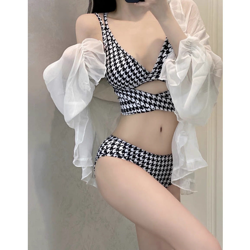 Houndstooth Lace/Triangle Hollow-Out Plaid Lace-Up Back Women's Criss-Cross Bikini Swimsuit