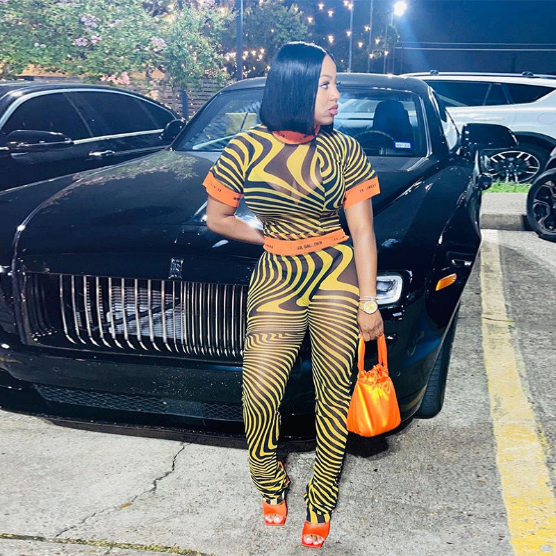 Mesh Sheer Colorblock Striped Women's Short Sleeve Top + Bodycon Leggings 2-Piece Set