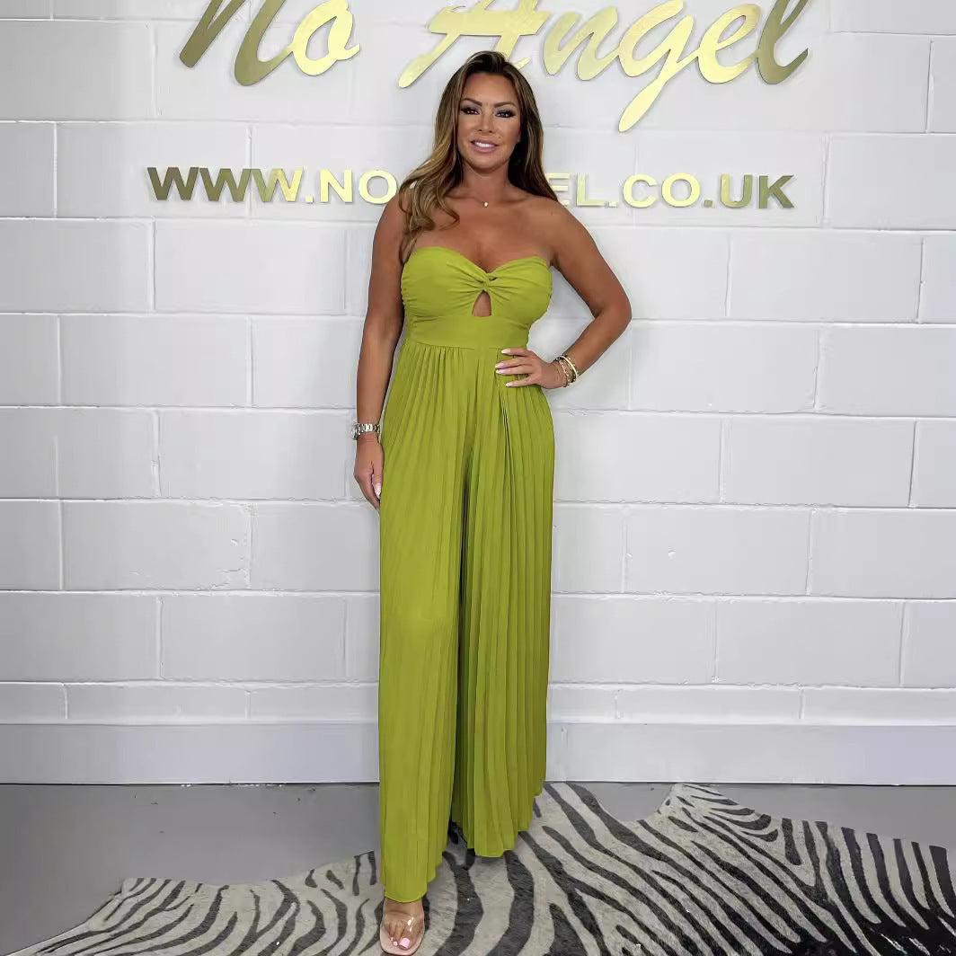 Tube Top Solid Color Pleated Sleeveless Women's Ruched Jumpsuit to 5X Plus Size