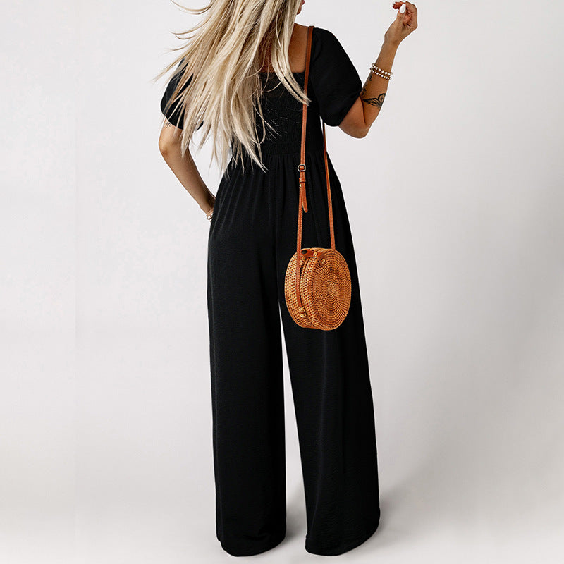Square Collar Short Puff Sleeve Solid Color Wide Leg Jumpsuit