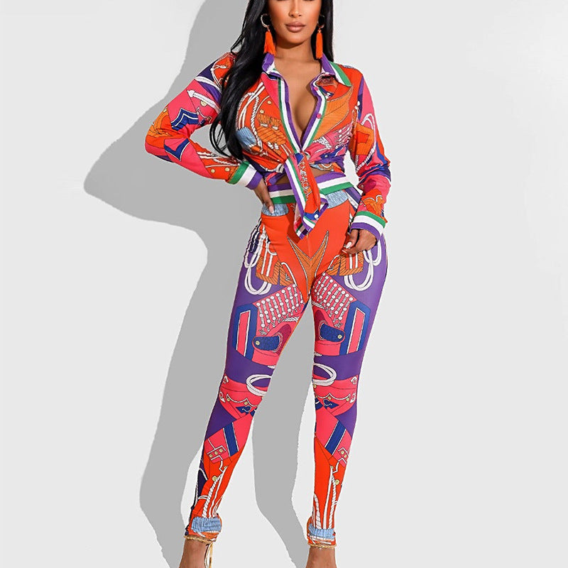 Tropical Printed Long Sleeve Women's Lace-Up Crop Top + Skin Tight Leggings 2-Piece Set