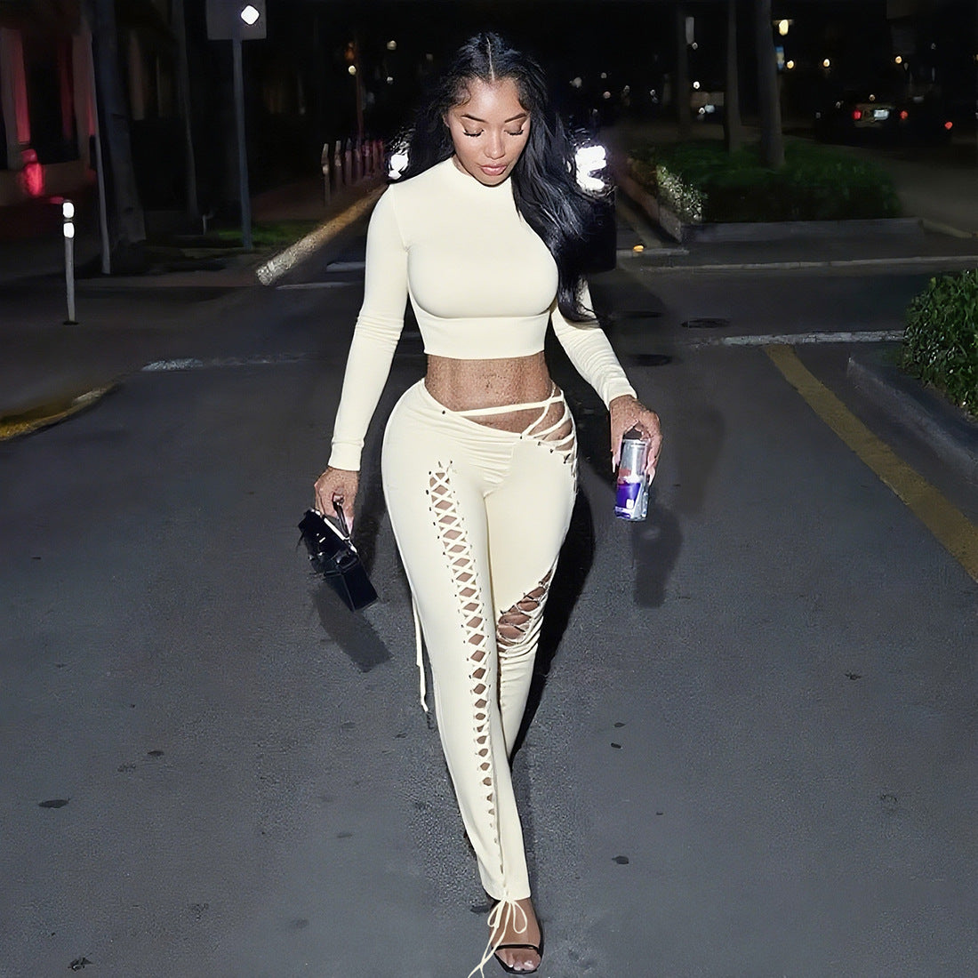 Sexy Long Sleeve Hollow-Out Lace-Up Women's Crop Top + Skin Tight Leggings 2-Piece Set