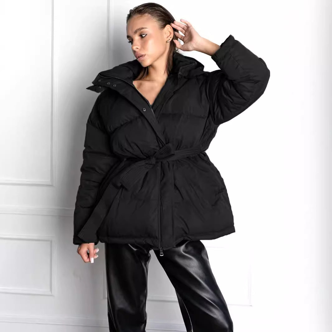 Ribbed Padded Solid Color Women's Zipper Puffer Sash Belted Down Hoodie Coat