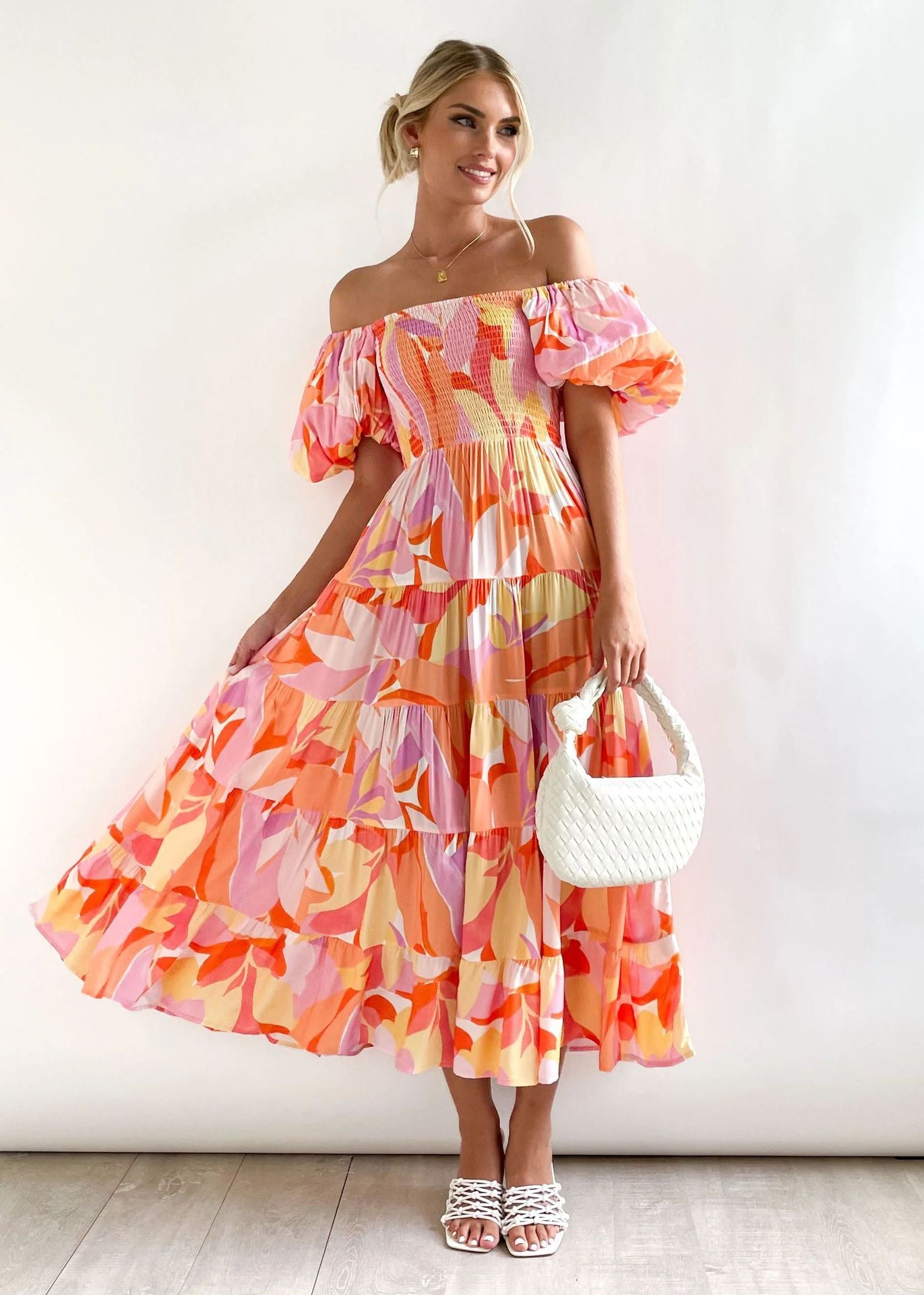 Flower Print Tiered Short Bubble Sleeve High Waist Off-the-Shoulder Bohemian Maxi Dress