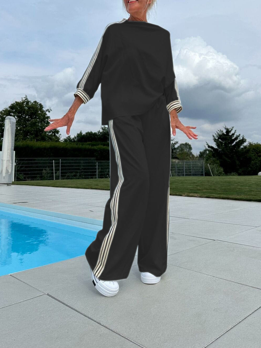 Side Striped Oversized Loose Long Sleeve Sports Shirt + Baggy Sweatpants 2-Piece Set to 3X Plus Size